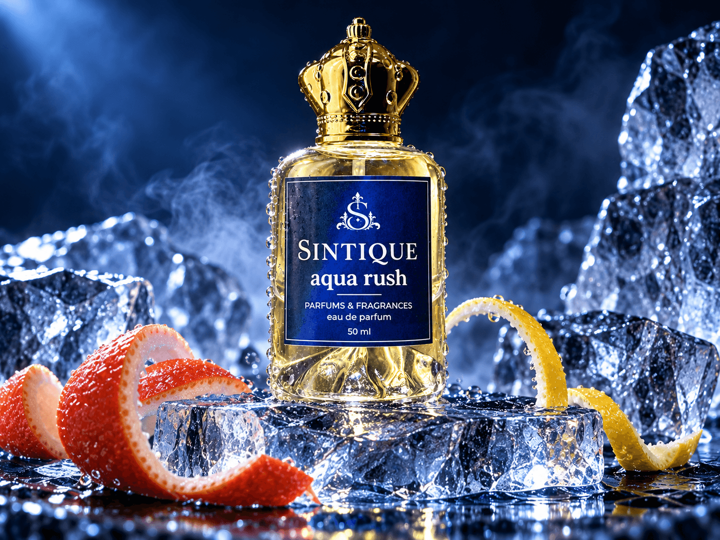 Aqua Rush bottle on sculpted ice with grapefruit and lemon twists