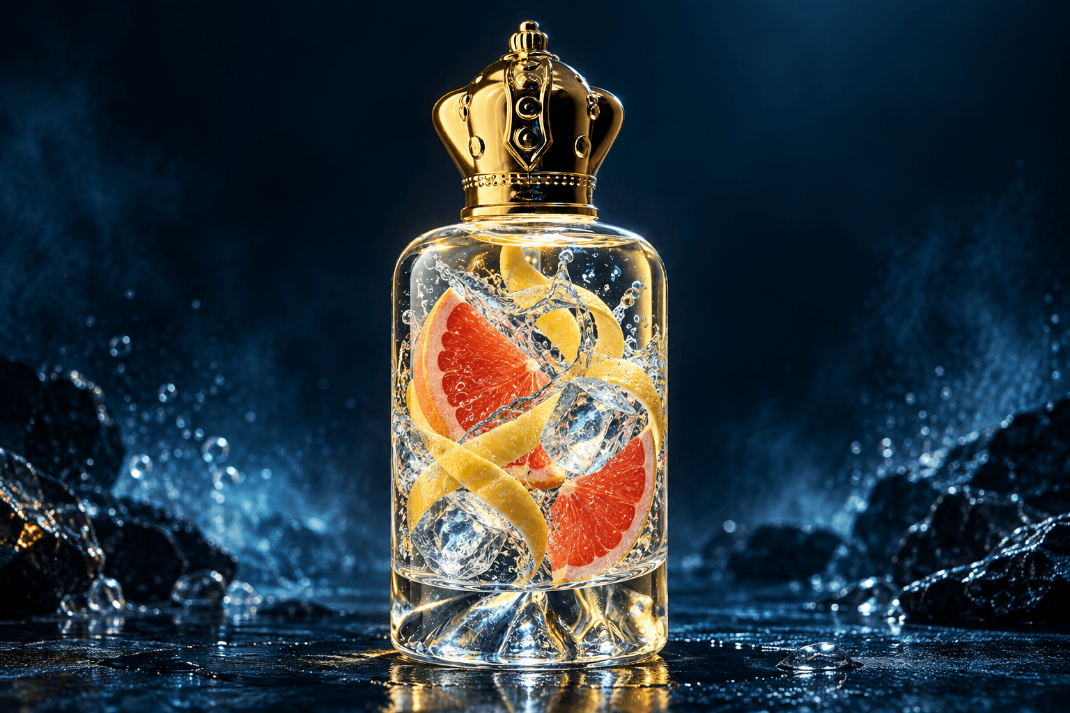 Aqua Rush bottle filled with grapefruit, lemon, ice and a sparkling citrus splash