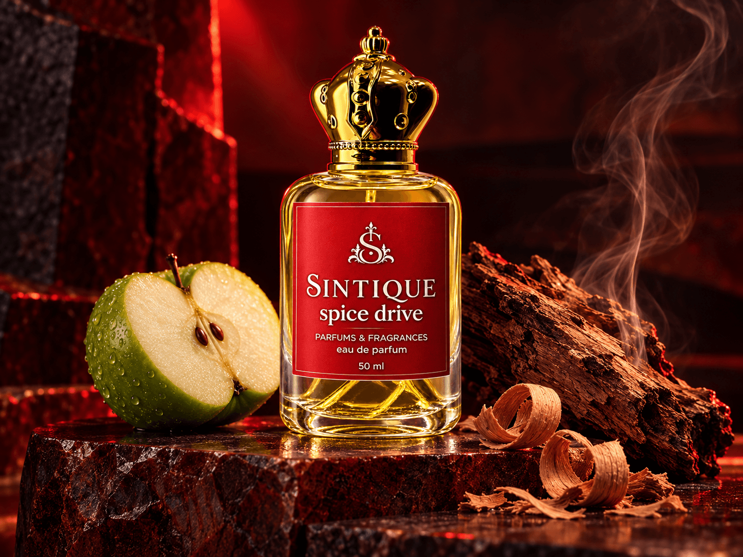 Spice Drive bottle with green apple and cedarwood in a red studio scene