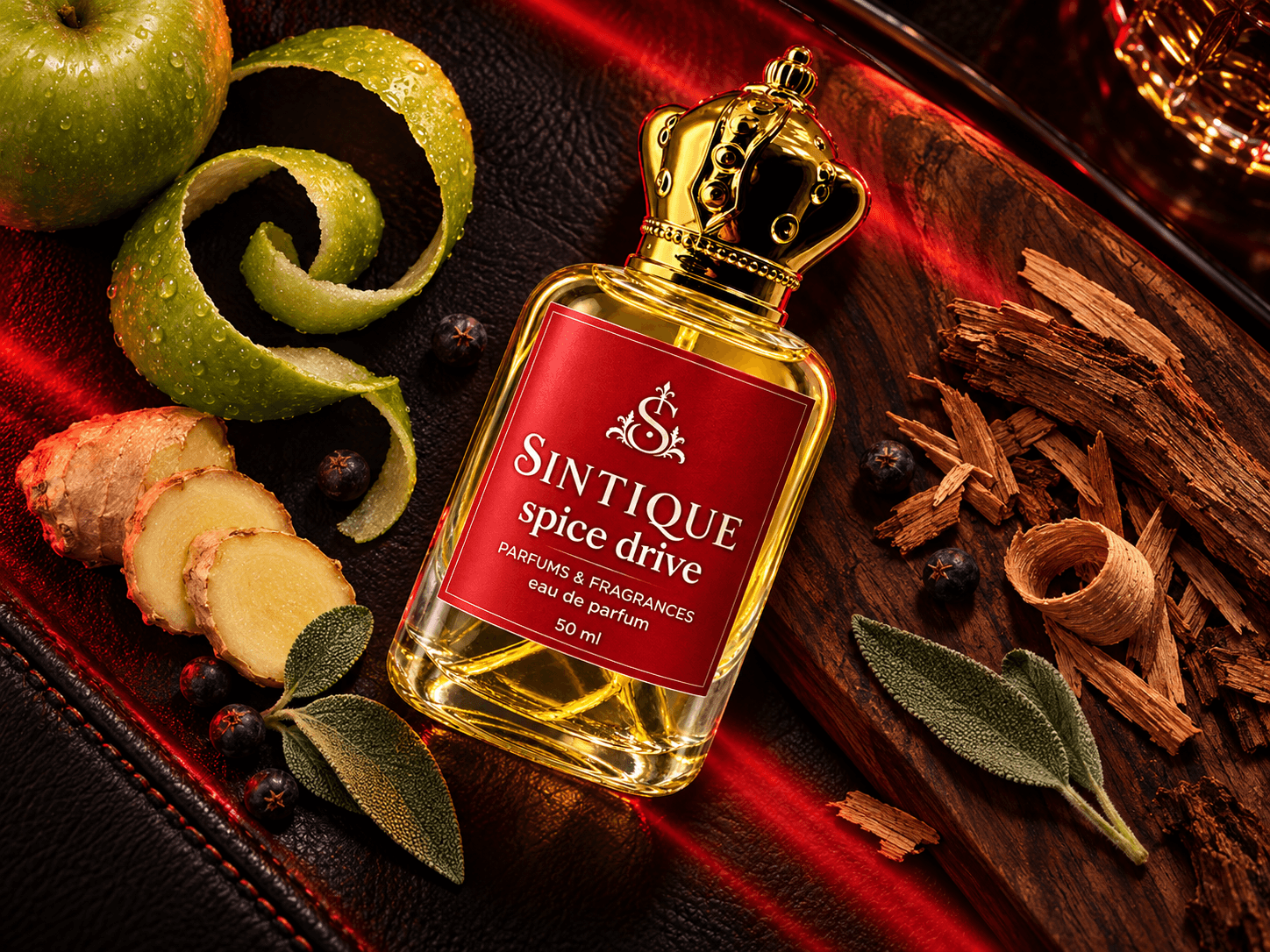 Spice Drive bottle with apple peel, ginger, sage, juniper and cedar