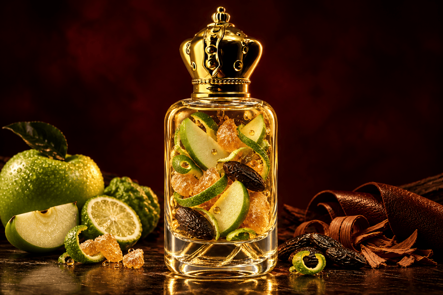 Spice Drive bottle filled with green apple, candied ginger, bergamot and tonka, with cedarwood and leather beside it