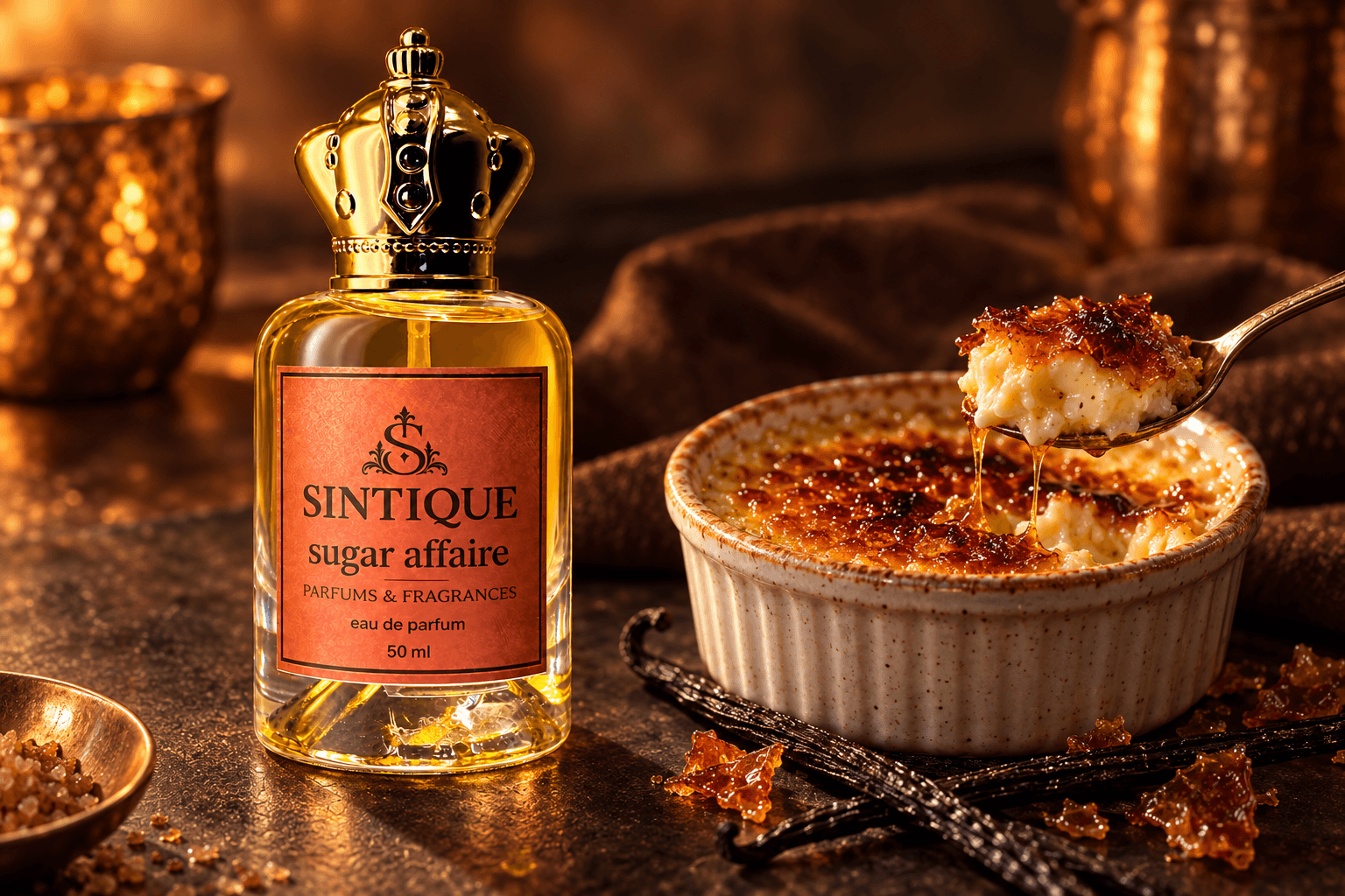 Sugar Affaire bottle beside a ceramic crème brûlée with a small spoonful of custard