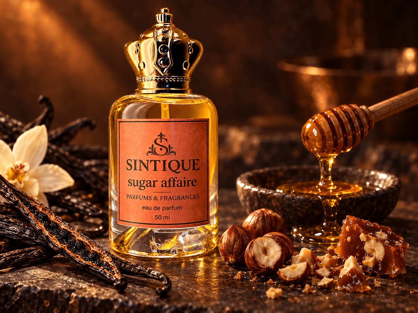 Sugar Affaire bottle with vanilla pods, honey, hazelnuts and praline