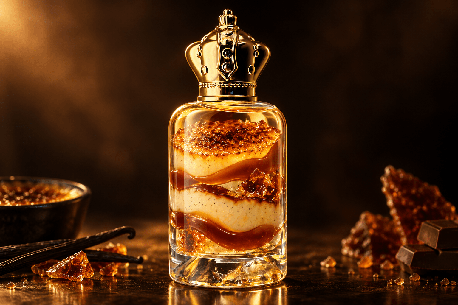 Sugar Affaire bottle filled with crème brûlée, caramel and vanilla dessert