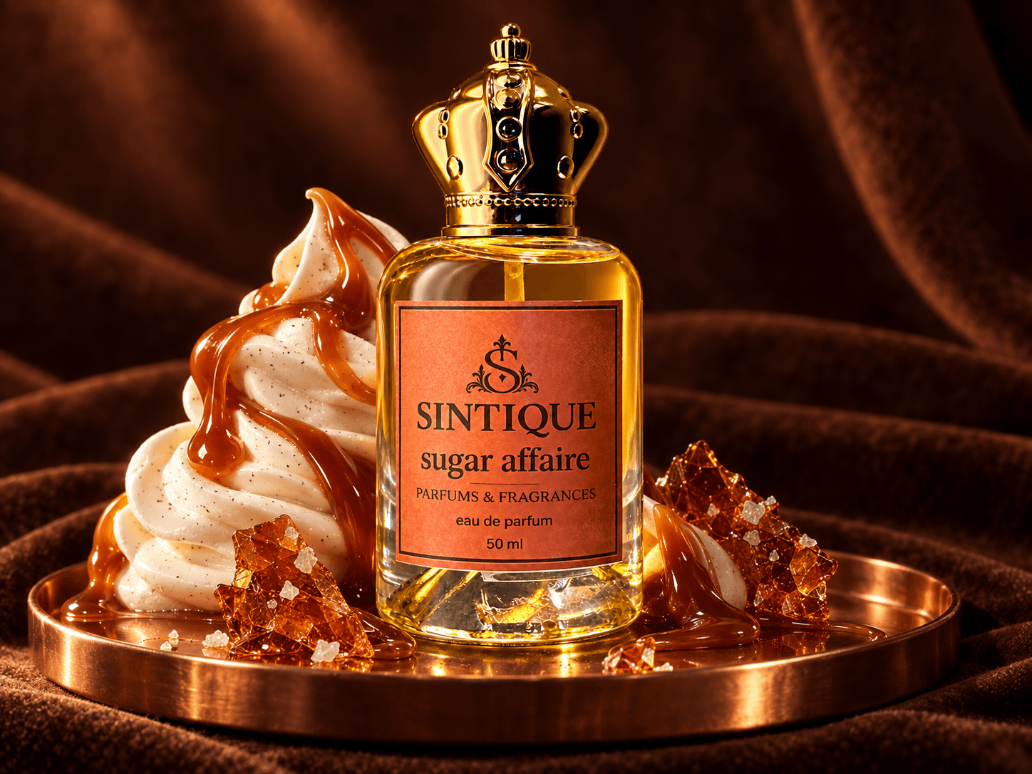 Sugar Affaire bottle with whipped vanilla cream and caramel on a copper tray